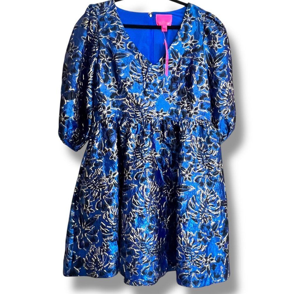NWT Lilly Pulitzer CALYSSA DRESS Blue Grotto Twilight Floral Brocade Party Sz 16 - Picture 9 of 9